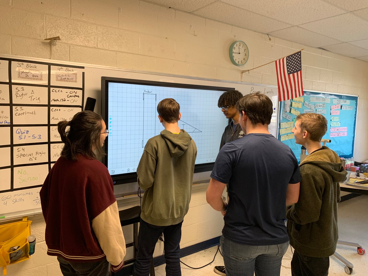 Members of the CSSE Gravity Games team plan out the braking and steering mechanisms for their car. From left to right: Leah Riggsbee, Domnick Pietryga, Caden Bailey, Blake Green, Nickleus Castevens.